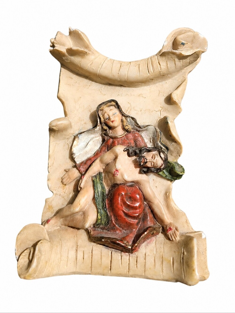 Vintage Chalkware Pieta Scroll Plaque Virgin Mary Jesus Religious 6"